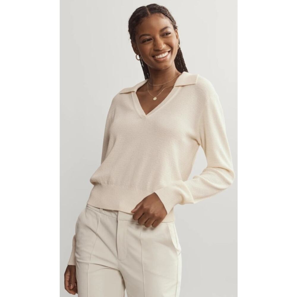 Rhone Birdie Sweater Polo Long Sleeve Johnny Collar Cream Knit Womens Large